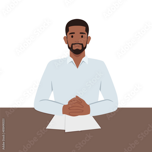 Confident male job candidate hold CV with all filled form application. Flat vector illustration isolated on white background