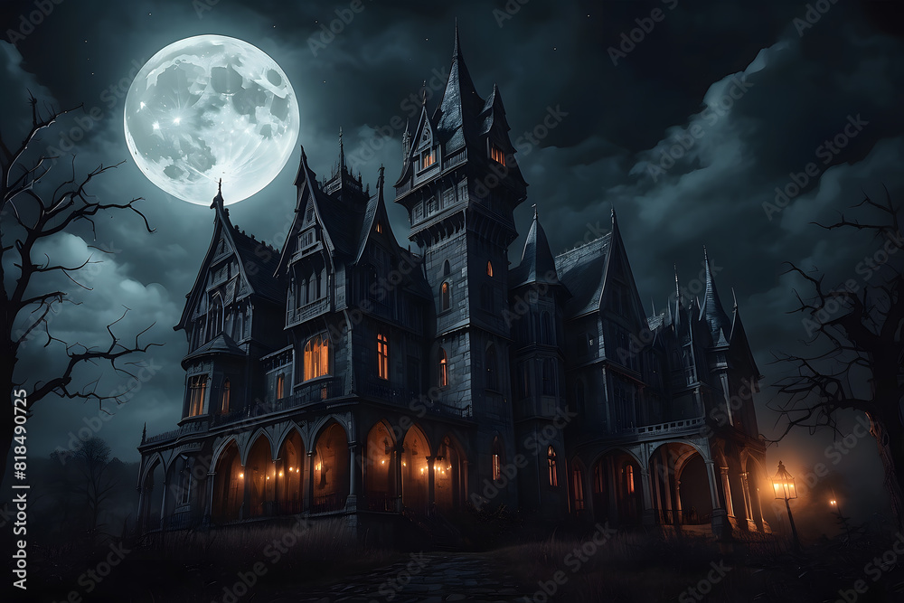 Halloween Scene - Party Of Pumpkins And Zombies In Graveyard At Moonlight - Contain Moon 3D Rendering - Unrecognizable, Deformed, And Church with Reassembled Parts Design.