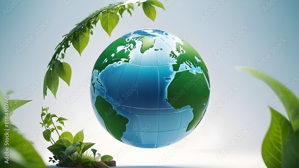 A blue and green eco Earth globe, logo for environmental world protection, illustration for ecological conservation, Save the Planet, Earth Day concept