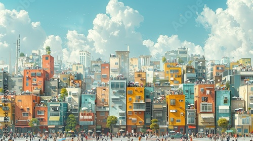 A cityscape with many tall buildings and a large crowd of people