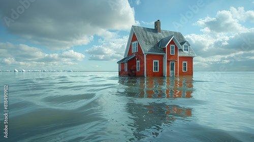 A house is floating in the water, with the sky above it being cloudy photo