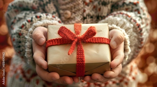 The child's hands hold a beautiful gift box with a ribbon and white tulips. Top view, close-up. Happy father's day.