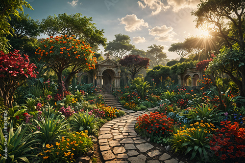 A beautiful dreamy scene of a garden filled with flowers, like an earthly paradise