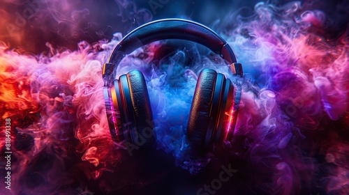 stereo headphones exploding in festive colorful splash dust and smoke with vibrant light effects on loud music sound pulse bass and beats ready for party.illustration,stock photo