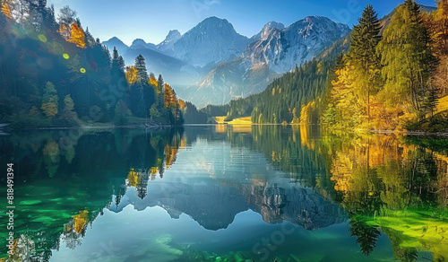 A serene lake surrounded by pine trees and mountains, reflecting the golden light of sunrise