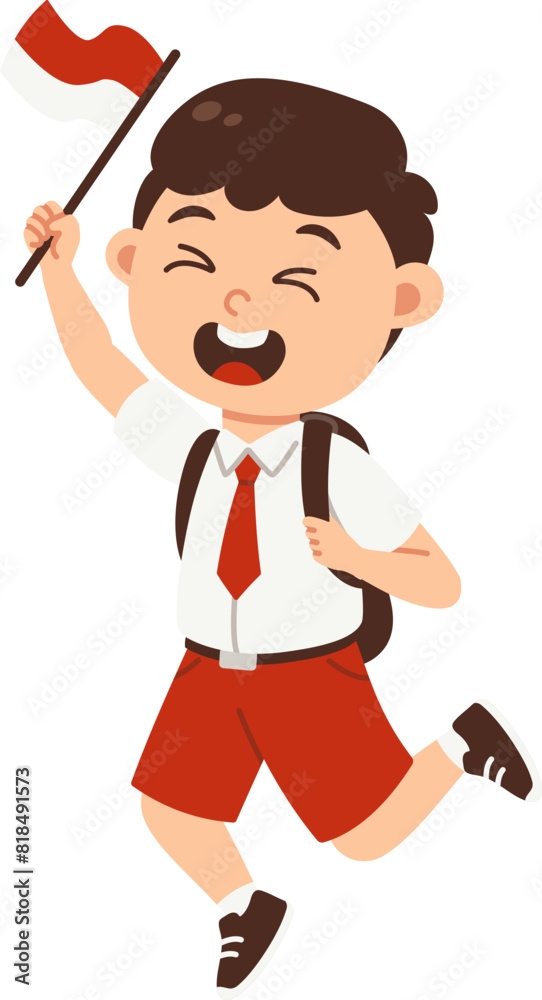 Elementary school student in red white uniform jumping holding indonesian flag, Back to school boy character Elementary school student in red white uniform jumping holding indonesian flag, Back to school boy character