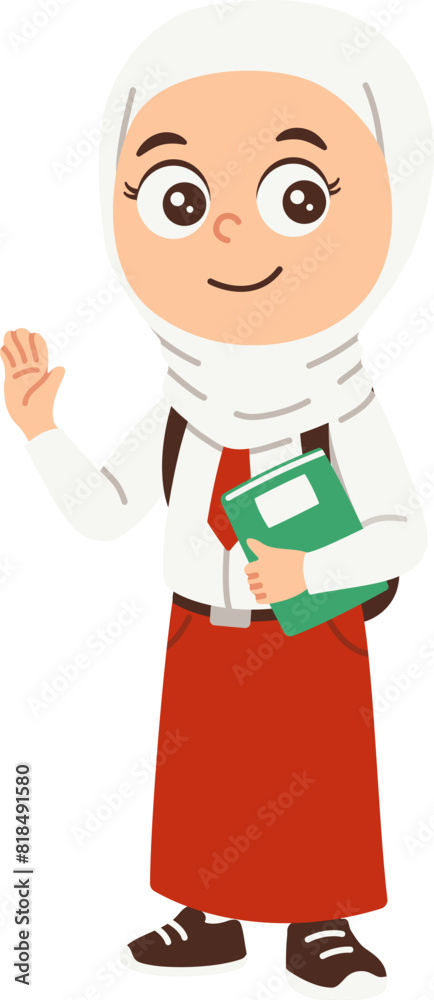 Back to school girl character, Elementary school student in red white uniform with backpack holding book Back to school girl character, Elementary school student in red white uniform with backpack holding book