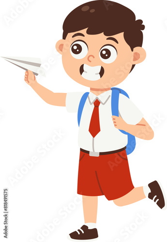 Back to school boy avatar illustration, Primary school student in uniform playing paper plane