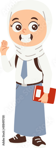 Back to school girl character,High school student in white gray uniform with backpack holding book photo