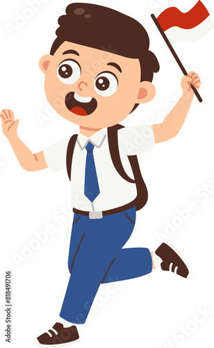 Junior high school student in uniform ready to go to school holding indonesian flag, Back to school boy character photo
