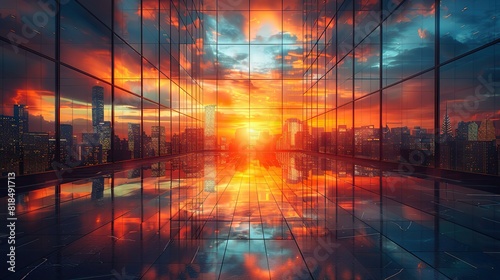 skyscrapers of a smart city at sunset futuristic financial district graphic perspective of buildings and reflections architectural background for corporate.illustration