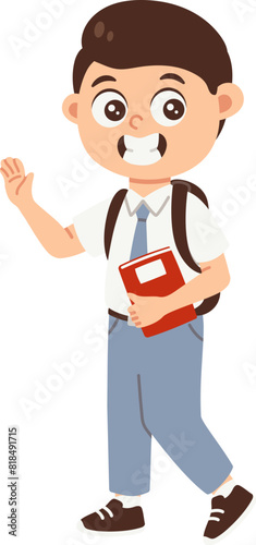High school student in white gray uniform with backpack, Boy avatar returns to school illustration