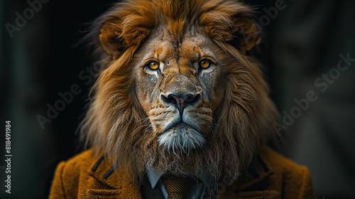 lion dressed in an elegant and modern suit with a nice tie fashion portrait of an anthropomorphic animal shooted in a charismatic human attitude .llustration graphic