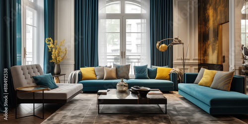 A high-quality image of a luxurious living room, showcasing vibrant mix-color curtains.