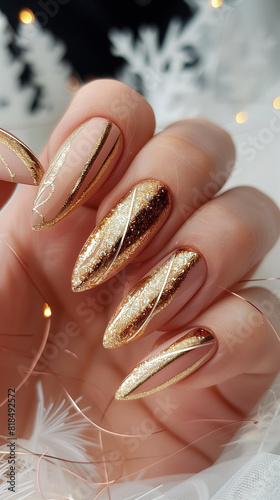 Chic metallic stripes nail art for brides, featuring thin metallic stripes in varying directions for a contemporary and chic design that complements modern bridal aesthetics.
