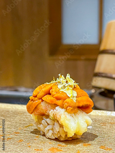 Exquisite Uni Sushi with Edible Gold Leaf: Japanese Delicacy