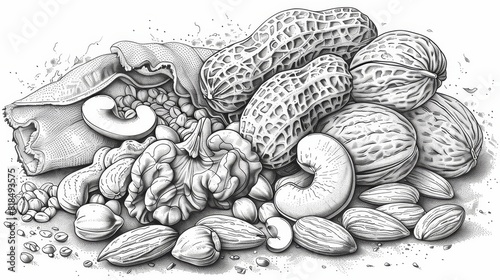 coloring book Black and white illustration of a variety of nuts and seeds.