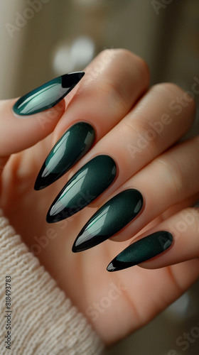 Photo of one hand showcasing DarkTurquoise and black-beige French trending nail art, featuring perfect long nails on beautiful fingers, captured in stunning nail photography. 