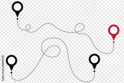 Route icon - two points with dotted path and location pin. Route location icon two pin sign and dotted line.Travel vector icon.Travel from start point and dotted line. vector illustration . eps 10. photo