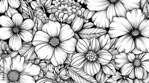 coloring book Black and white image of various flowers.