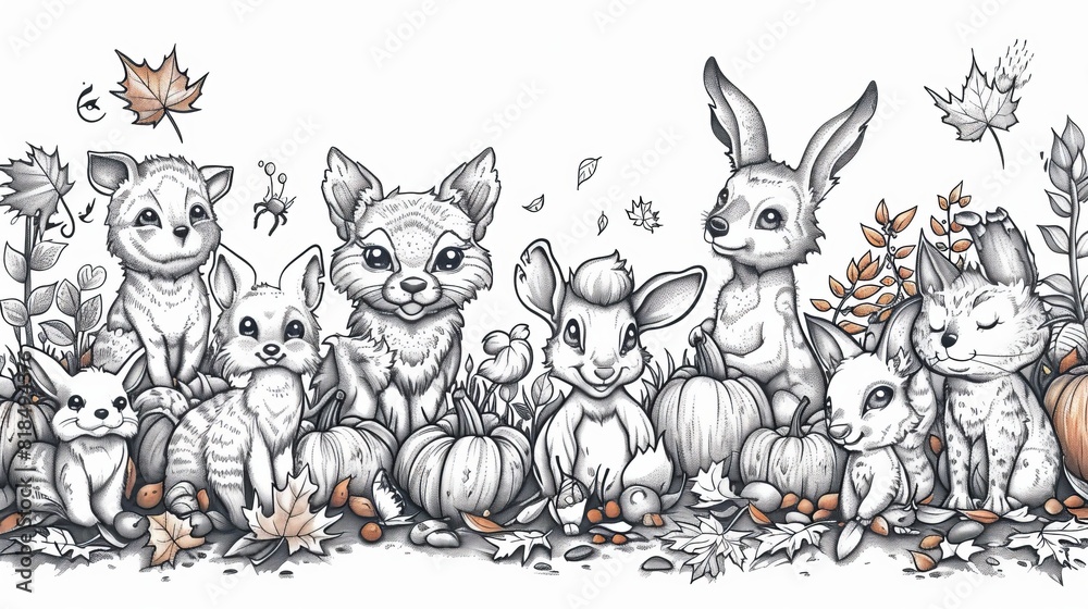 Fototapeta premium coloring book Cute animals gathering for Autumn.