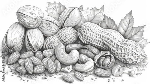 coloring book Black and white sketch of a variety of nuts. photo