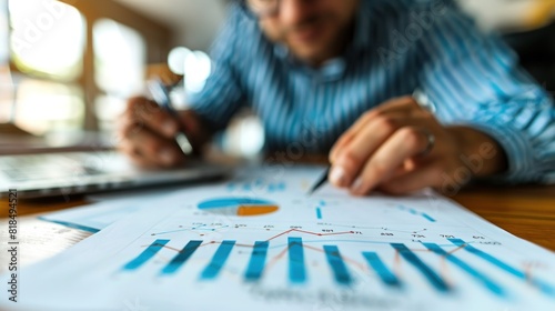 Businessman looks at graphs and charts showing market growth trends. Leverage this valuable information to inform strategic decisions and capitalize on emerging opportunities. photo