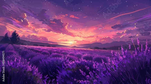 coloring book Lavender field with sunset. Purple flowers and pink sky.