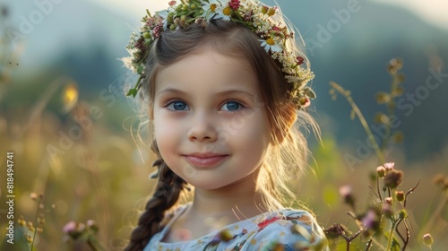 A happy toddler with blond hair and a flower headpiece smiles with an iris in her hand. She stands on the grass, ready for a flash photography session AIG50