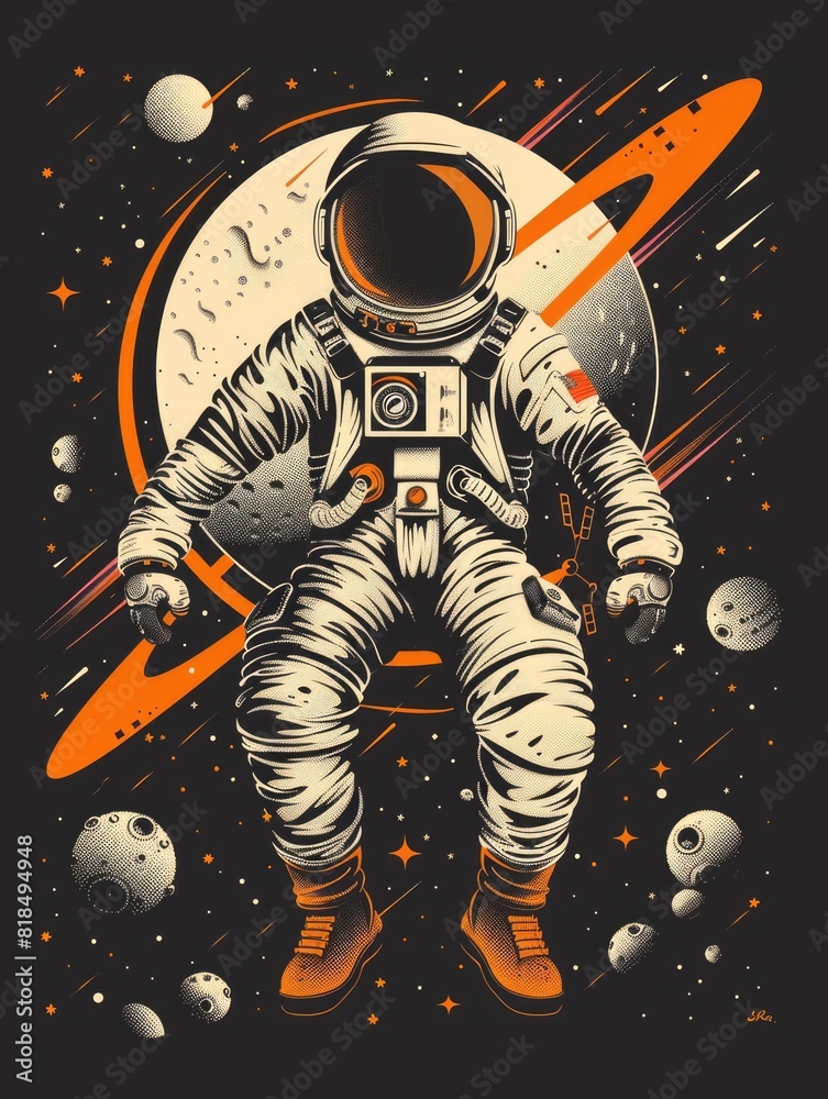 Flat style T-shirt design featuring an astronaut, presented as a vector graphic Flat style T-shirt design featuring an astronaut, presented as a vector graphic