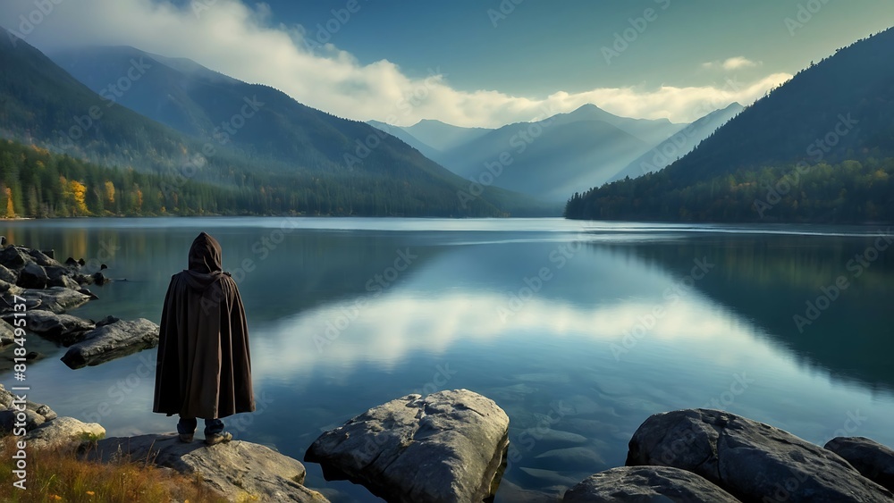 A person in a dark cloak is standing on the rocky edge of a lake, looking out at the water A person in a dark cloak is standing on the rocky edge of a lake, looking out at the water
