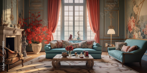 A high-quality image of a luxurious living room  showcasing vibrant mix-color curtains.