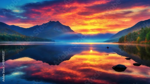 Tranquil Sunset Overlooking a Mountain Lake. Tranquil Mountain Lake at Sunset