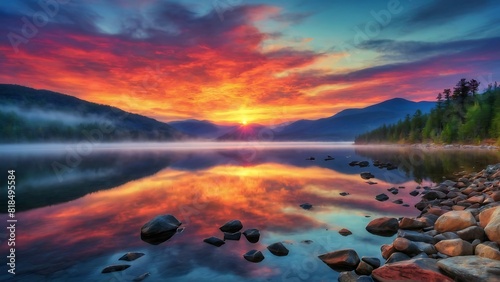 Tranquil Sunset Overlooking a Mountain Lake. Tranquil Mountain Lake at Sunset