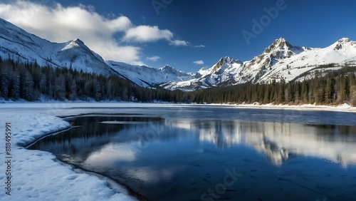 Frozen lake in a valley between snow-covered mountains under a blue sky with white clouds.