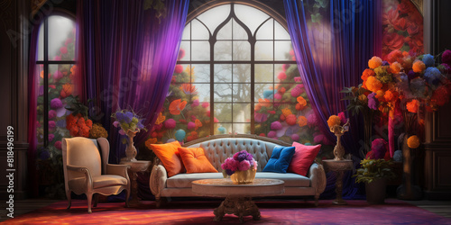 High-resolution image of a lavish living room featuring vibrant mix-color curtains and elegant wallpaper with a magical touch