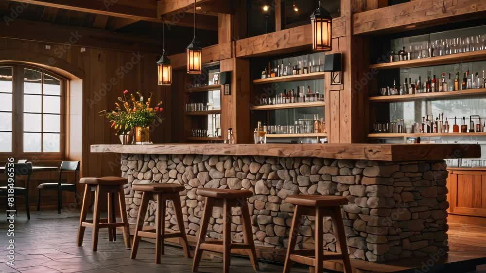 Video animation of elegant bar interior. The space resembles a bar or pub, featuring a stone-clad bar counter with a wooden top Video animation of elegant bar interior. The space resembles a bar or pub, featuring a stone-clad bar counter with a wooden top