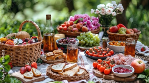 Memorable summer picnic  fresh fruits  delicious sandwiches  and laughter with friends.