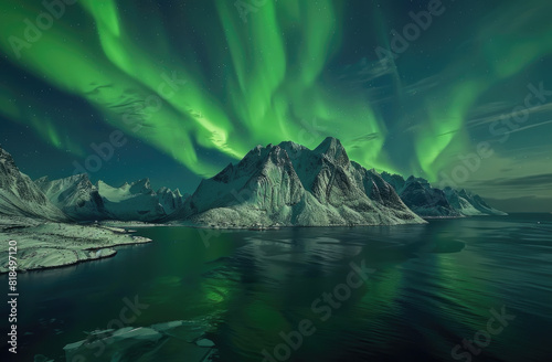 The Northern Lights dance above the snow covered mountains of Lofoten  Norway  creating an enchanting and mystical display in the night sky