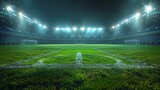 An expansive view of an empty soccer stadium at night, illuminated bright lights with grass in the foreground. The scene captures the vastness and scale of professional sports events. Generative AI.