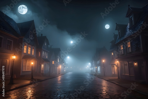 Halloween Halloween, lights, and fog-covered towns and streets during Halloween design.