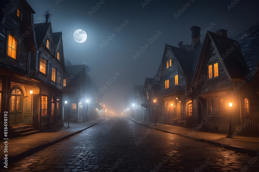 Halloween Halloween, lights, and fog-covered towns and streets during Halloween design.