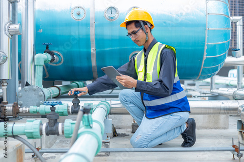 Engineer checks valves, water tanks, pumps and equipment related to hot water production pipe systems. photo