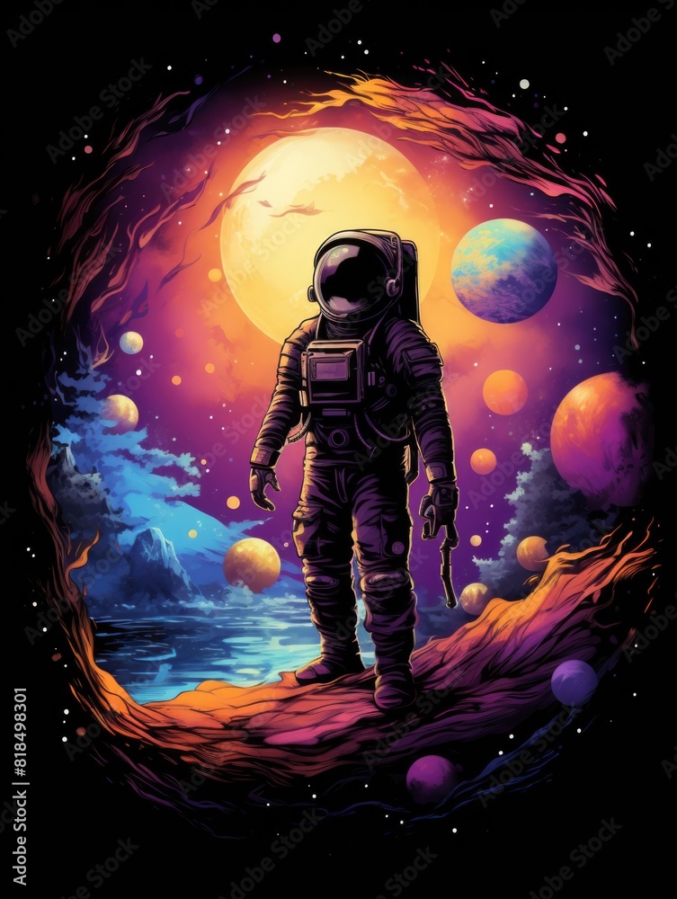 T-shirt design featuring an astronaut clad in a black shirt, rendered in a style of dreamlike hues, intricate designs, colorful washes, ambitious, with a seapunk vibe