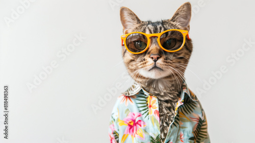 A cat wearing sunglasses and shirt for summer