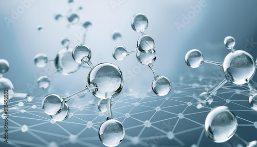 3d glass molecule or atoms on light blue background. Suitable for biochemical, pharmaceutical, beauty and other medical concept.