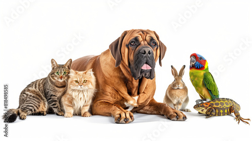 Group of pets - Dog  cat  bird  reptile  rabbit  isolated on white