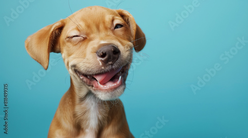 Happy dog puppy winking an eye and smiling on colored blue background with closed eyes