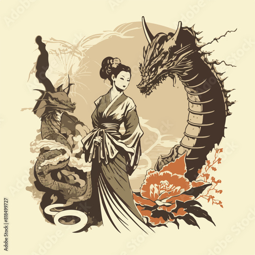 JAPANESE WOMAN GEISHA AND DRAGON BACKGROUND. UNIQUE AND COOL DESIGN AND AI-GENERATED VECTOR FILES - VERY SUITABLE FOR YOUR NEEDS