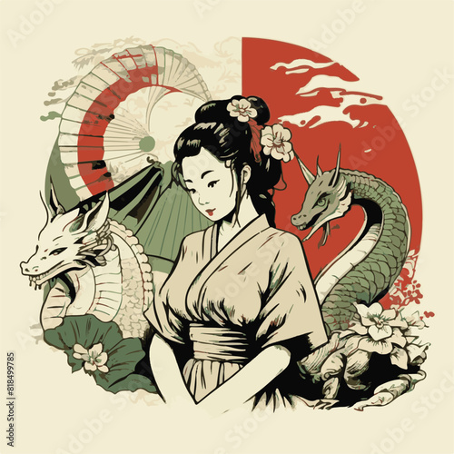 JAPANESE WOMAN GEISHA AND DRAGON BACKGROUND. UNIQUE AND COOL DESIGN AND AI-GENERATED VECTOR FILES - VERY SUITABLE FOR YOUR NEEDS